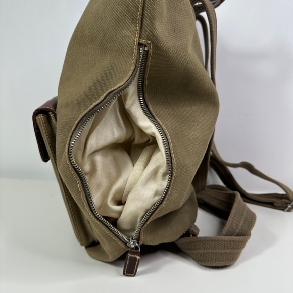 Fossil Green Canvas Brown Leather-Trim Backpack Travel Bag - Picture 7 of 13